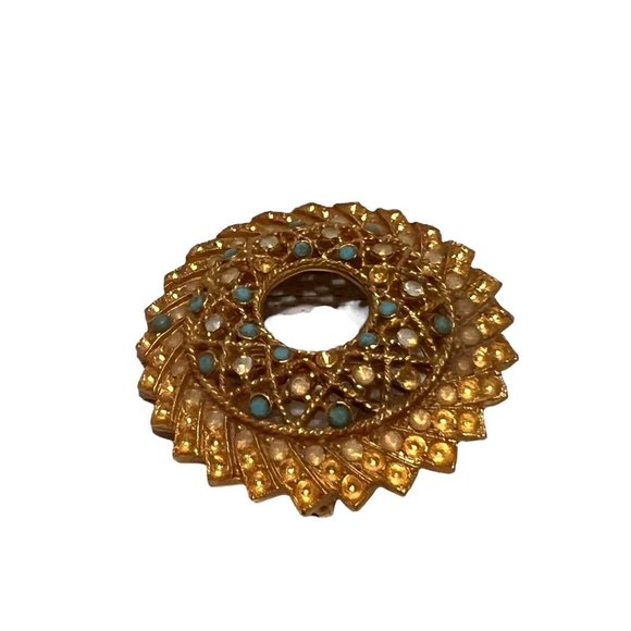 Sarah Coy Signed Vintage Amber Turquoise Rhinestone Gold Costume Brooch Pin - Picture 4 of 9